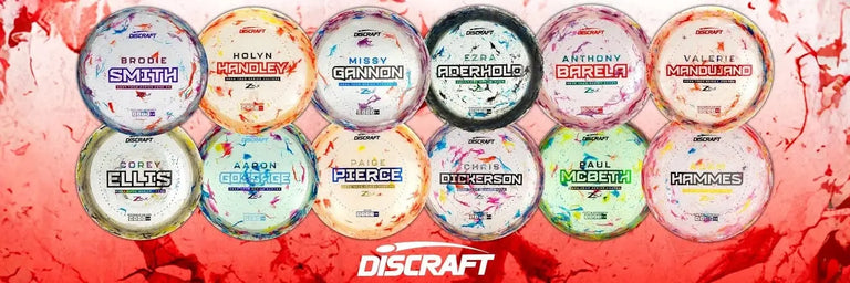 et sammenklip af en masse forskellige "2024 Tour Series" Discraft disc golf discs